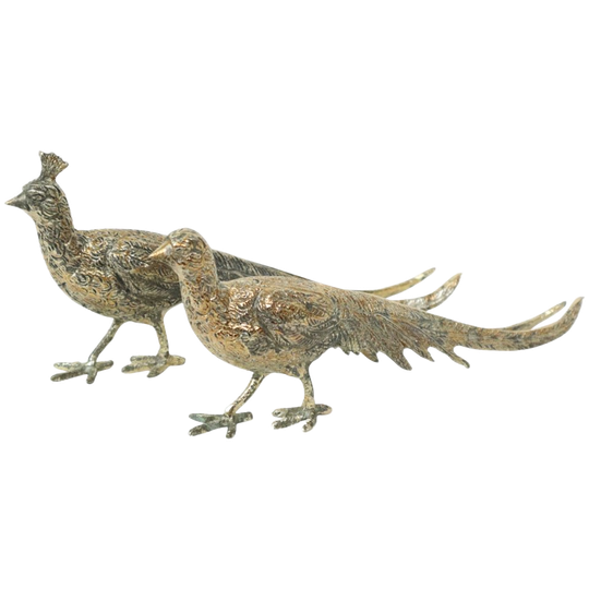 Vintage Koppel Metalen Fazanten Beelden Sculptuur 22cm 1