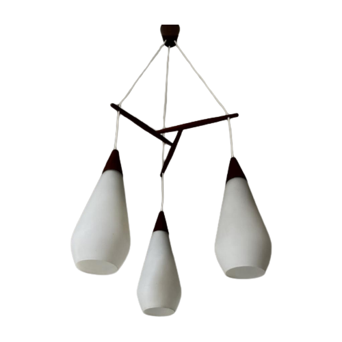 Midcentury Design Hanglamp – Teak, 3X Opaline Glas