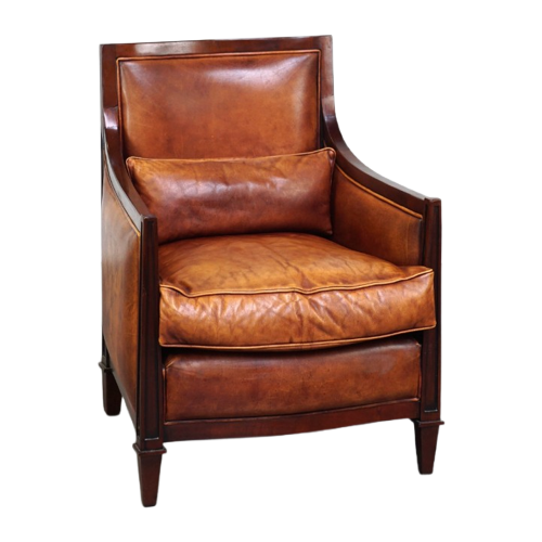 Mooie Schapenleren Artdeco Design Fauteuil/ Armchair Afgewerkt Met Hout