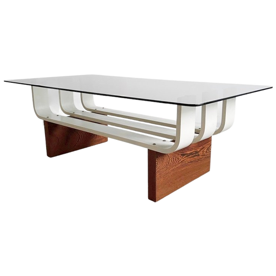 Vintage Mid-century Space Age Salontafel Teak Rookglas 1970’s 1