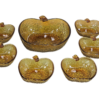 Vintage Schalenset Amberkleurig Glas Appelvorm (7 Delig)