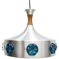 Deense Vintage Hanglamp Aluminium Blauw Glas