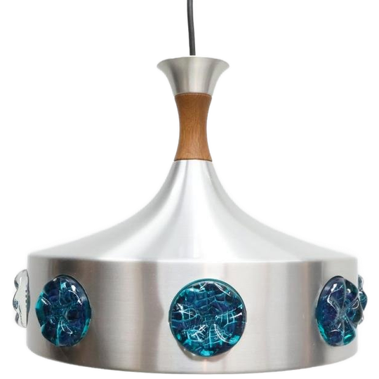 Deense Vintage Hanglamp Aluminium Blauw Glas 1