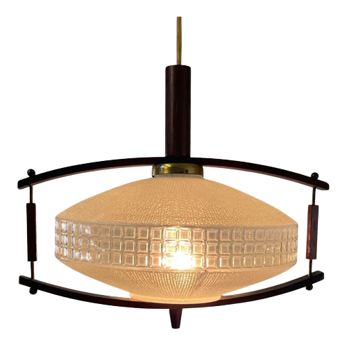 Ca. 1950’S Pressed Glass Ceiling Fixture - Scandinavian Design - With Teak Wood An Brass Accents