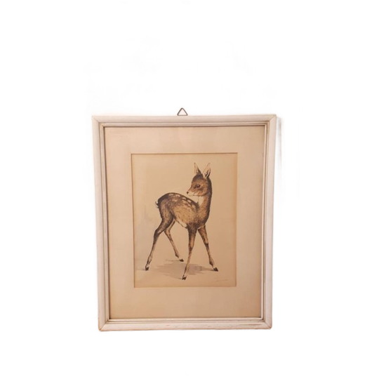 Vintage Schilderij Hertje Aquarel Tekening Gesigneerd 1