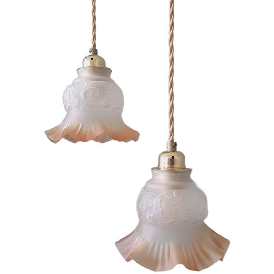 Set Antieke Glazen Hanglampen. Floraal / Bloemvorm In Frosted Glas 1