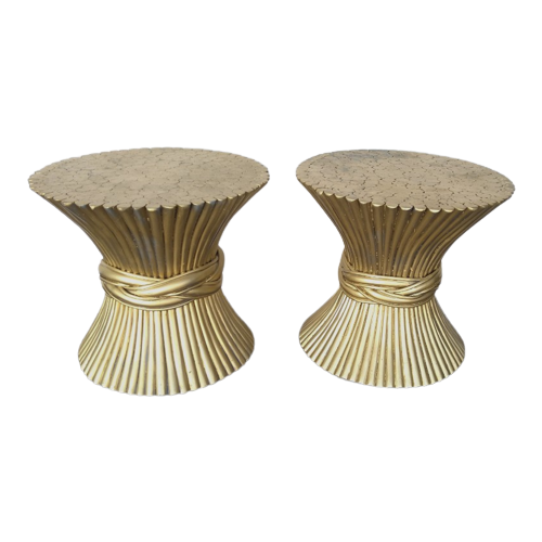 Set Of 2 Vintage Side Tables In Wheat Sheaf Shape By Mcguire - 1970S