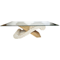 Vintage - Travertin - Bamboe - Facet Geslepen Glas - Salontafel - 1970'S