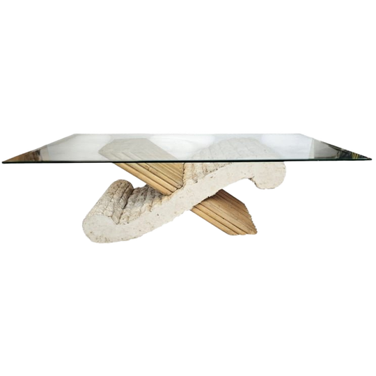 Vintage - Travertin - Bamboe - Facet Geslepen Glas - Salontafel - 1970's 1