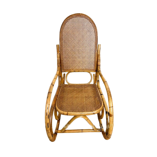 Vintage Rotan Bamboe Webbing Rieten Schommelstoel 1