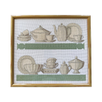 Vintage Geborduurd Schilderij Van Servies In Pasteltinten thumbnail 1