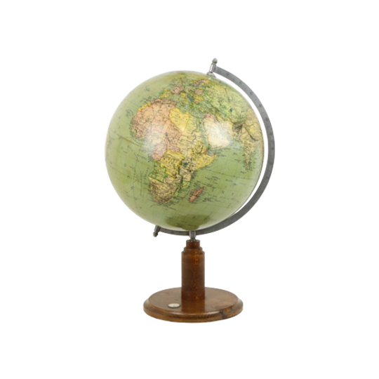 Vintage Wereldbol Globe Met Kompas Op Eiken Basis Jaren 40 1