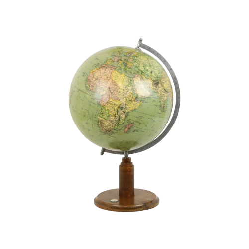 Vintage Wereldbol Globe Met Kompas Op Eiken Basis Jaren 40