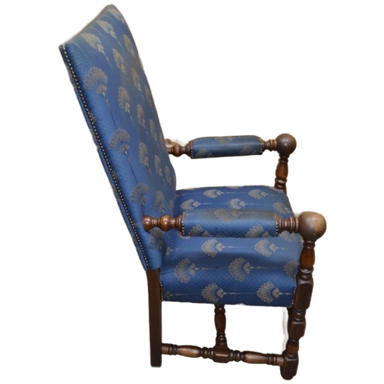 Robuuste Kasteel Armstoel Eiken Met Blauwe Stof 1