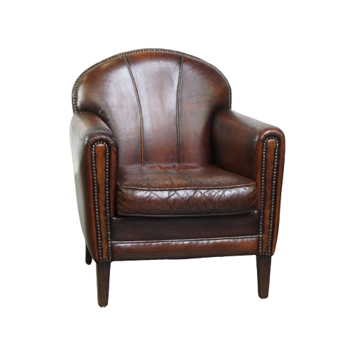 Karaktervolle Vintage Design Fauteuil Gemaakt Van Prachtig Gepatineerd Schapenleer