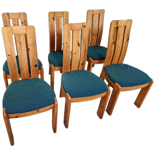 Set Van 6 Deense Grenen Eetkamerstoelen, Jaren 70 1