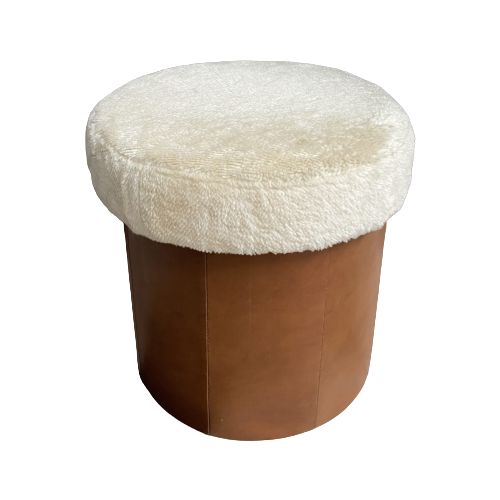 Brown Leatherette Pouf With Fluffy Top Lid 1970S
