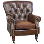 Prachtige, Unieke Cognac Kleurige Bruin Generfde Rundleren Chesterfield Fauteuil/ Armchair thumbnail 1