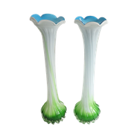 2 - Set Soliflore Één Bloemsvazen In Opaline Glas Groen/Wit/Blauw, Italie 1950-1974