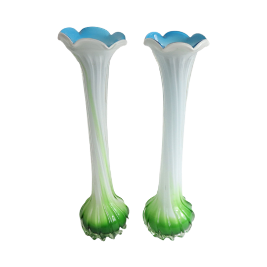 2 - Set Soliflore Één Bloemsvazen In Opaline Glas Groen/wit/blauw, Italie 1950-1974 1