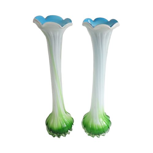 2 - Set Soliflore Één Bloemsvazen In Opaline Glas Groen/Wit/Blauw, Italie 1950-1974