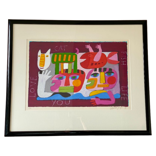 Wouter Stips Ingelijste Zeefdruk 'Love You Cat, Fish, Life' 85X70Cm