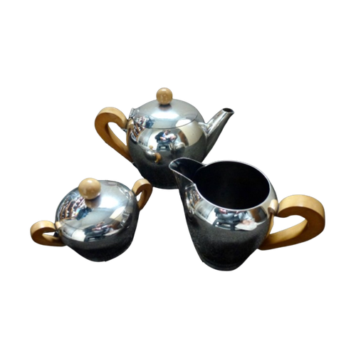 Carlo Alessi Koffieset, Verzilverd Met Appelhout Handvatten En Knoppen, Model Bombé, Ontwerp 1945.