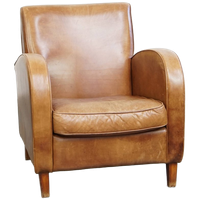 Prachtige Strak Gevormde Rundleren Design Fauteuil/ Armchair In Een Lichte Cognac Kleur