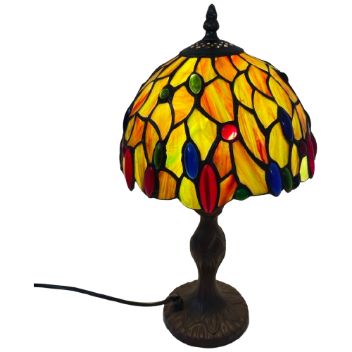 Tiffany Style Table Lamp - Stained Glass Shade And Decorative Base - Ca. 1980’S (No Cracks)