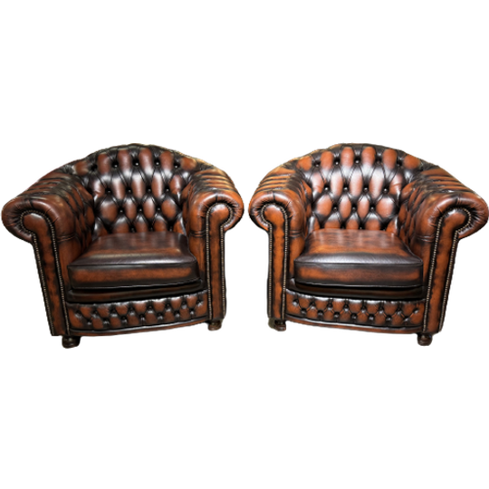 2 X Engelse Springvale Chesterfield Clubfauteuils Nottingham In Nieuwstaat Dark Rust 1