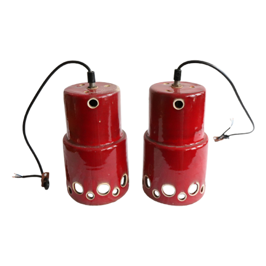 Herda Vintage Set Van 2 Keramiek Hanglamp In Rood, Jaren '60/'70 1