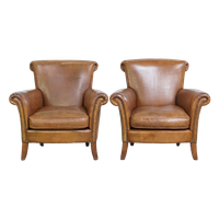 Set Van 2 Comfortabele Vintage Schapenleren Armchairs/ Fauteuils Afgewerkt Met Siernagels