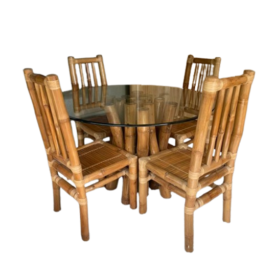 Vintage Boho Bamboe Eetkamerset - Eettafel Met Stoelen 1