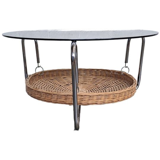 Vintage Ronde Salontafel Met Glazen Blad En Rieten Lectuurmand 1