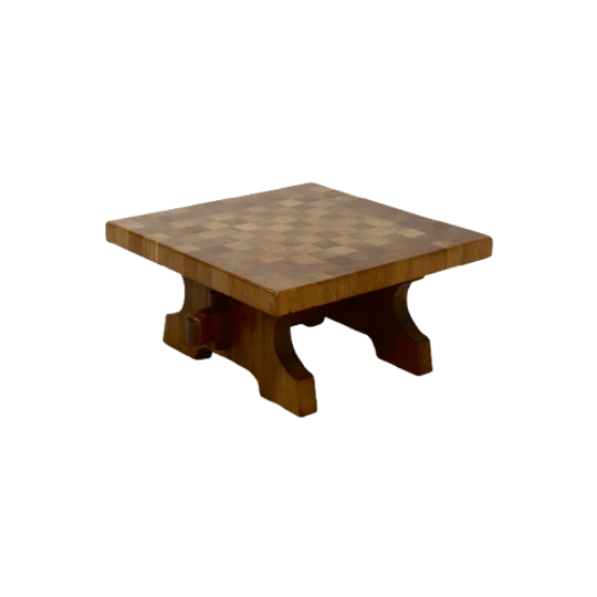 Brutalist Solid Blonde Oak Checkered Coffee Table 1970s 1