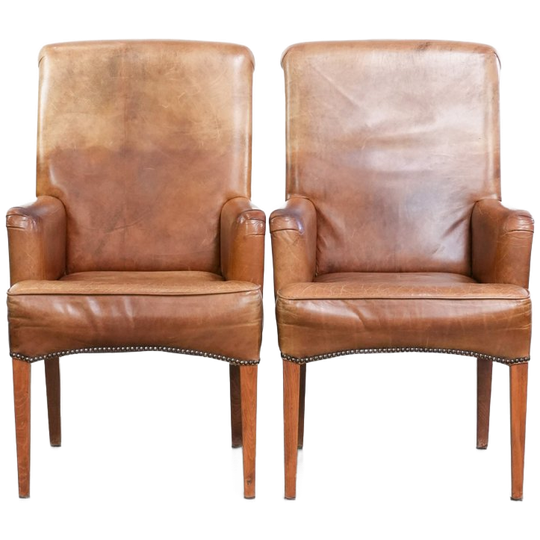 Karaktervolle Vintage Set Van 2 Rundleren Eetkamer/bijzetstoelen In Een Lichte Cognac Kleur 1