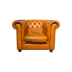 Engelse Vintage Bendic Chesterfield Clubfauteuil Cognac Leer thumbnail 1