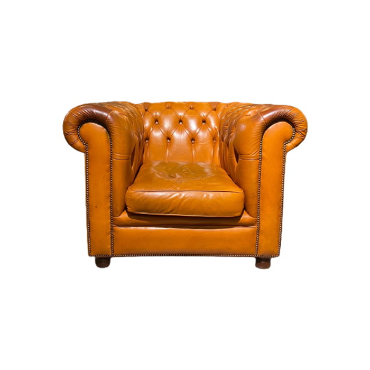Engelse Vintage Bendic Chesterfield Clubfauteuil Cognac Leer 1