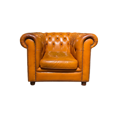 Engelse Vintage Bendic Chesterfield Clubfauteuil Cognac Leer