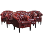 Unieke Set Van 6 Mooie Engelse Rundleren Chesterfield Clubfauteuils In Een Gevlamde Rode Kleur thumbnail 1