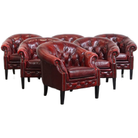 Unieke Set Van 6 Mooie Engelse Rundleren Chesterfield Clubfauteuils In Een Gevlamde Rode Kleur