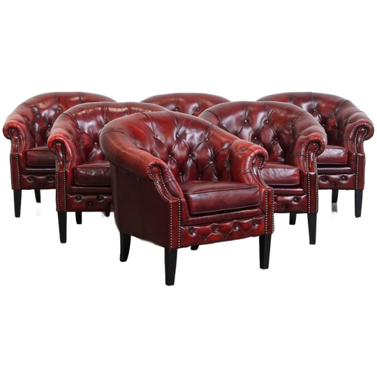 Unieke Set Van 6 Mooie Engelse Rundleren Chesterfield Clubfauteuils In Een Gevlamde Rode Kleur 1