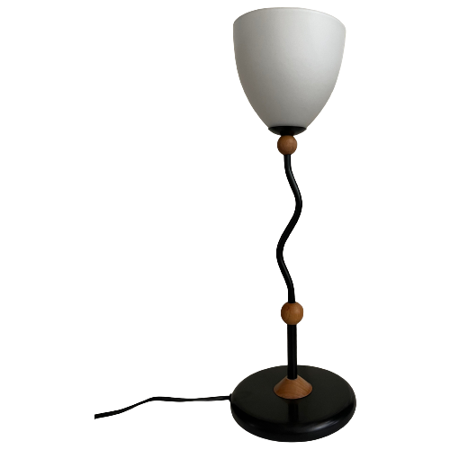 Memphis Stijl Lamp / Tafellamp Met Gegolfde Steel, Zwart Metaal Met Hout, Jaren 80 - Eighties Mod