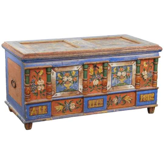Leuke En Mooie Met De Handgeschilderde Antieke Bruidskist/ Salontafel Uit De 19e Eeuw 1