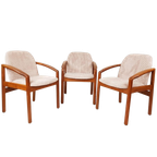3 Vintage Deense Teakhouten Stoelen Roze Ribstof Nieuwe Stof thumbnail 1
