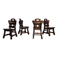 4 X Brutalist Oak Dining Chairs / 60's