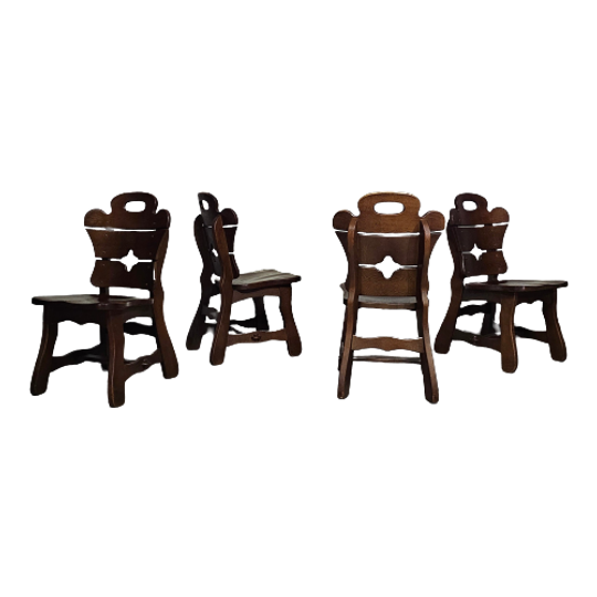 4 X Brutalist Oak Dining Chairs / 60's 1