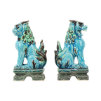 Koppel Vintage Chinese Komainu Guardian Lions Foo Dogs Blauw Aardewerk 20Cm thumbnail 1