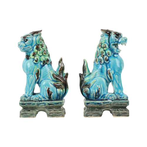 Koppel Vintage Chinese Komainu Guardian Lions Foo Dogs Blauw Aardewerk 20Cm