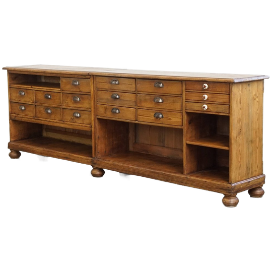 Lange, Unieke Landelijke Antieke Pine Wood Balie/ Dressoir Met Bolpoten En 16 Praktische Lades 1
